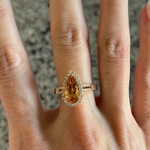 Pear shaped Golden topaz and diamond ring set in 14KT yellow gold